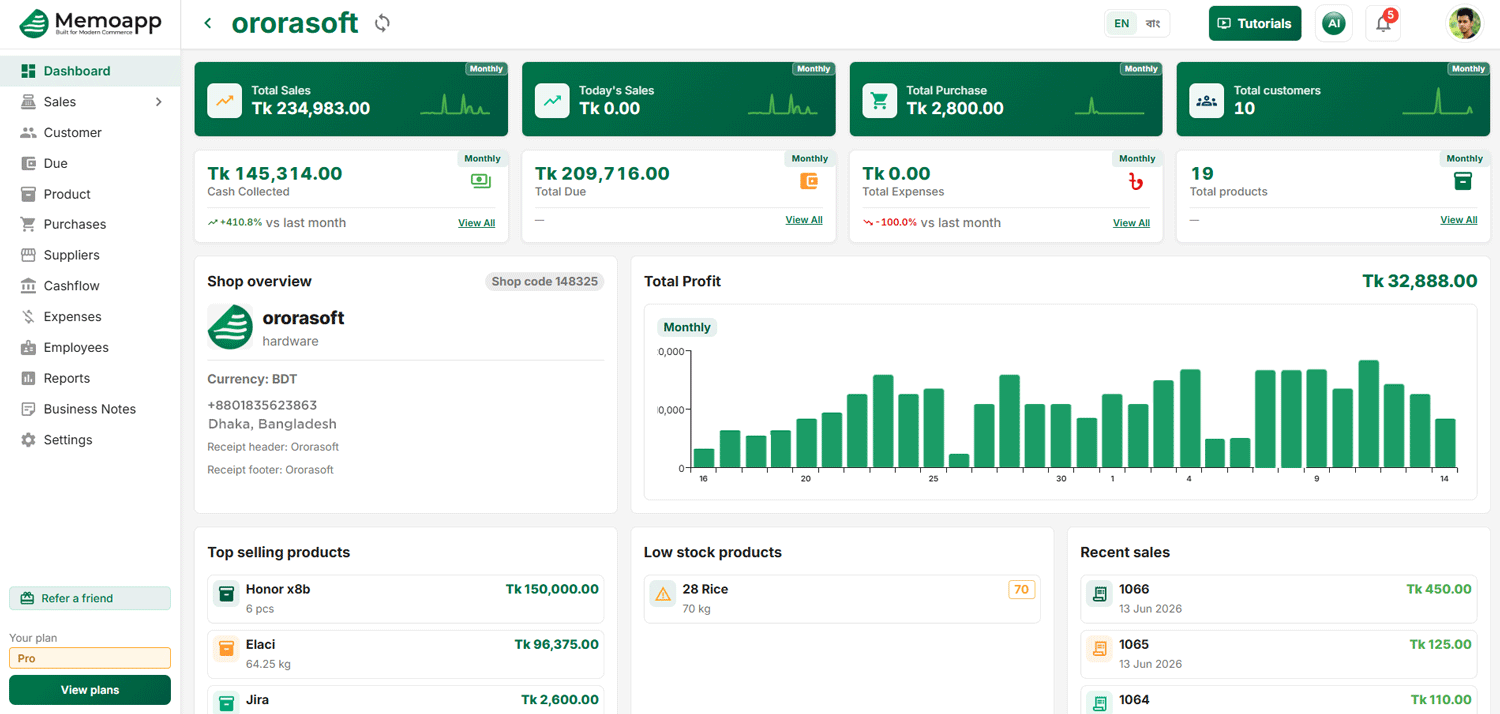 Full MemoApp AI POS and shop management dashboard for Bangladeshi retail businesses